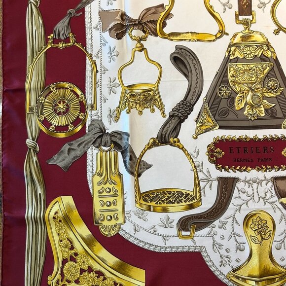 Vintage Hermes Etriers Silk Scarf Crimson and Gold by Françoise de la Perriere - Picture 10 of 15